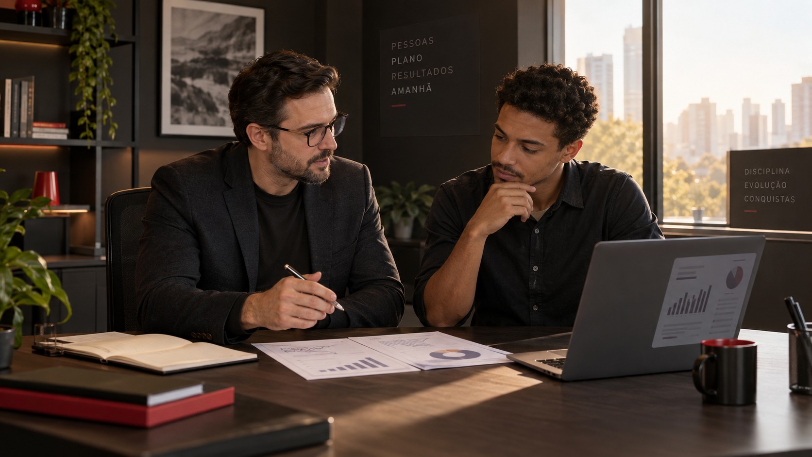 Gestor e profissional comercial em conversa individual sobre planejamento e desenvolvimento.