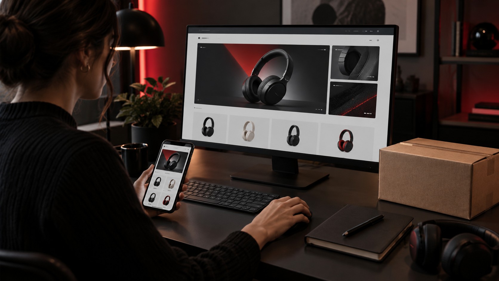 Loja virtual apresentada em computador e celular, ao lado de uma embalagem.